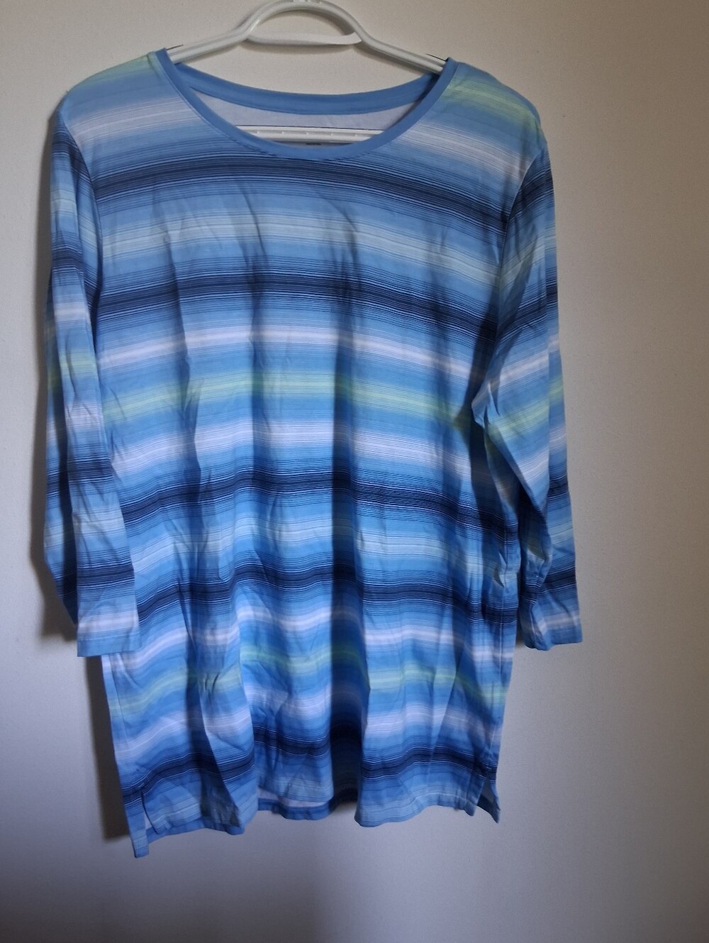 Lands' End Women's Large Blue Green Stripe 3/4 Sleeve Cotton Supima Tunic Shirt